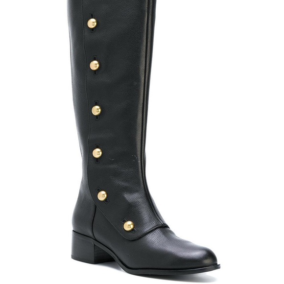 Michael Kors Black Leather Knee High Boots with Gold Buttons and Zipper Size 8 - Picture 2 of 11